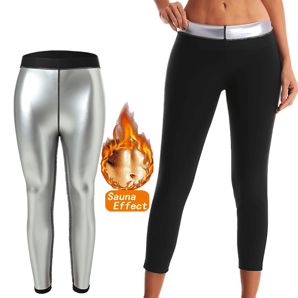 Women’s elastic sauna effect leggings in silver and black, promoting sweat production for effective workouts.